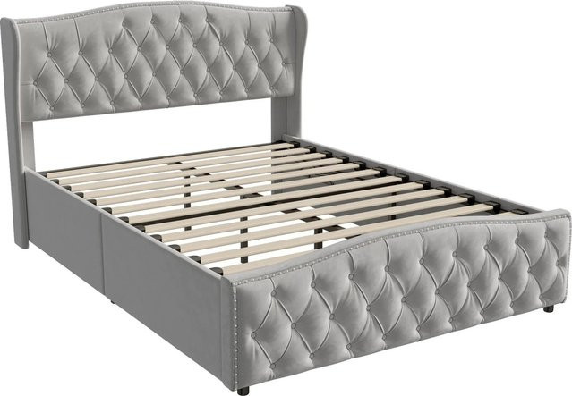 PXloue Polsterbett Doppelbett mit hydraulischem Stauraum aus Samt in Grau, B/T/H: 140 x 200 x 111 cm - Bild 1