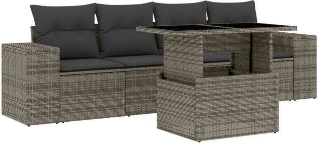 vidaXL 5-tlg Garten-Sofagarnitur aus Polyrattan in Grau mit Tisch und Kissen - Bild 1