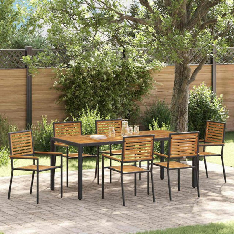 vidaxl Gartenmöbel-Set aus Polyrattan und Akazie, 7-teilige moderne Essgruppe in Schwarz und Holz, B/T/H: 190 x 90 x 75 cm - Bild 1