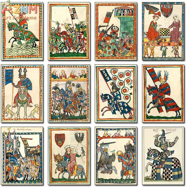 AZNM Leinwanddruck Mittelalterliches Kunstposter Liebende auf Pferden in Multicolour als Retro Wandbild - Bild 1