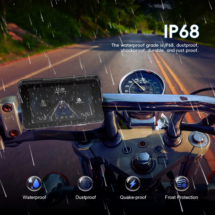 Podofo 5-Zoll Motorrad-Monitor mit kabellosem CarPlay und Android Auto, IP68 wasserdicht, GPS und Bluetooth, Farbe: Schwarz - Bild 3