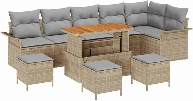 vidaXL Garten-Sofa-Set 10-tlg. in L-Form mit Kissen und Couchtisch, Beige und Hellgrau - Bild 1