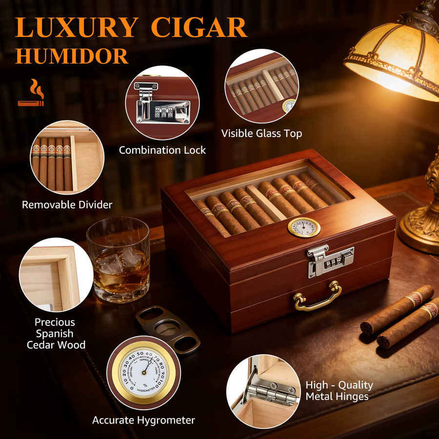 Zassenhaus Zigarren-Humidor aus Zedernholz mit Hygrometer, Schublade und Längenmesser, B/T/H: 23,5 x 18 x 11,5 cm - Bild 2