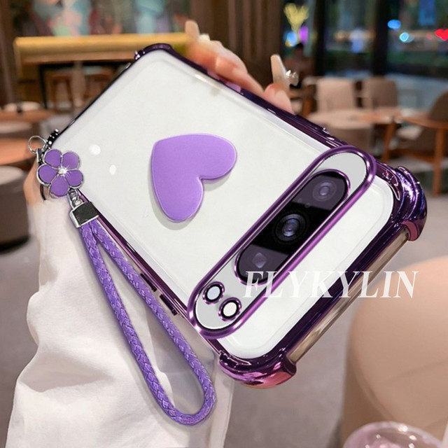 Transparente 3D Love Schutzhülle für Google Pixel 9 9A 10 Pro XL 7 7A 8 8A mit Kleeblatt-Handschlaufe - Bild 1