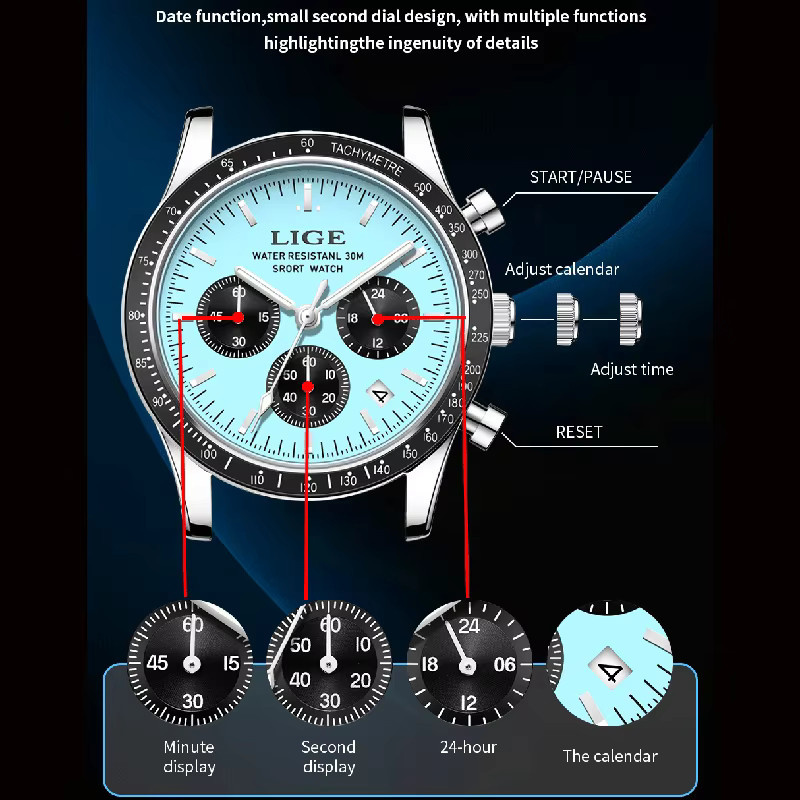 LIGE Armbanduhr, Quarz, Chronograph, Edelstahl, Blau, Herren - Bild 2