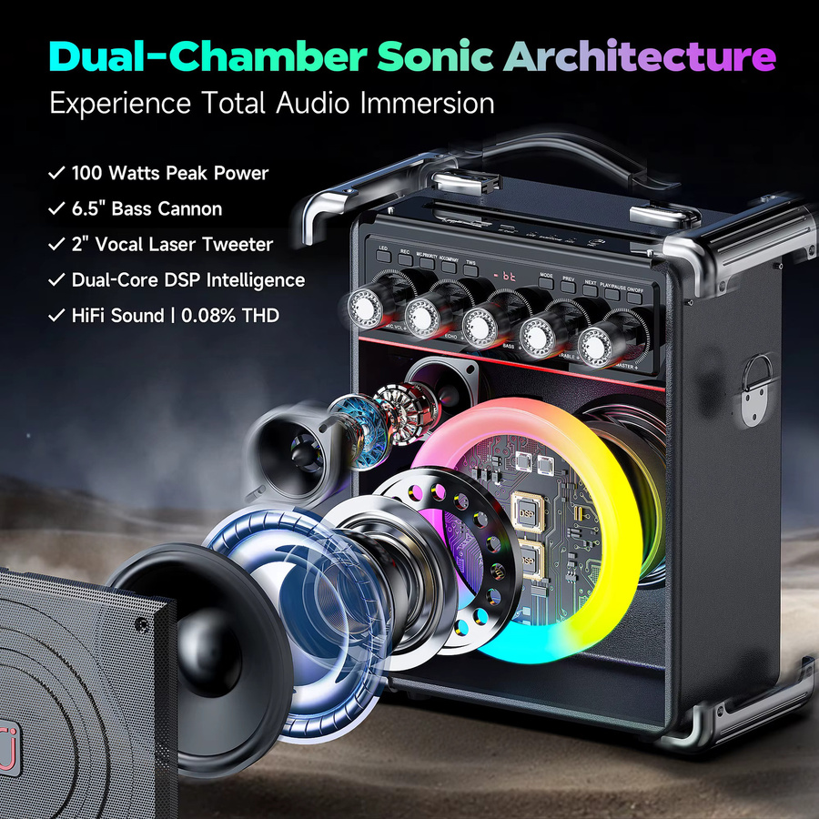 FanFun TX05 Karaoke-Maschine in Schwarz mit 2 kabellosen Mikrofonen, RGB-Licht und Unterstützung für TF, USB, AUX sowie TWS für deine Home Party - Bild 2