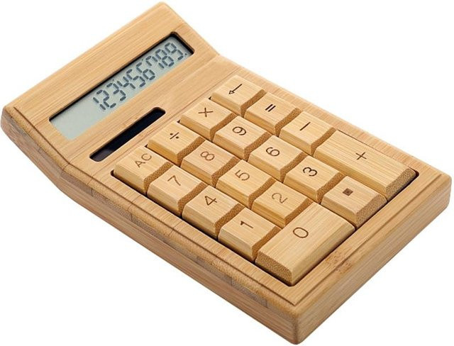 Neoglint Elektronischer Taschenrechner aus Bambus in Braun mit Zähler, 12 Ziffern, Solar- und Batteriebetrieb, Dual-Power - Bild 1