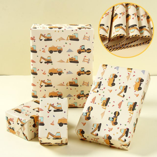Wayfun DIY Geschenkpapier mit Bau- und Bagger-Motiv für Kindergeburtstage, Mehrfarbig - Bild 1