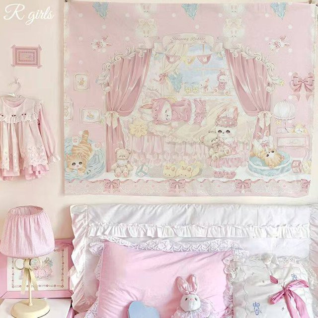 VIKAMA Wandteppich mit schlafendem Hasen in Pastellrosa zur Dekoration für dein Kinderzimmer, B/H: 60 x 40 cm - Bild 1