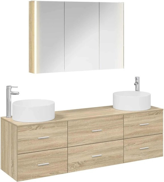 vidaXL Badezimmermöbel-Set 4-teilig in Sonoma-Eiche mit Waschtischunterschrank und Spiegelschrank, Braun, mit LED-Beleuchtung und Glastüren - Bild 1