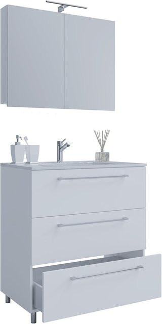 VCM Badmöbel Set Badinos 3-tlg. in Weiß mit Waschbecken, Unterschrank und Spiegelschrank, B/H/T: 80 x 86 x 46 cm - Bild 1