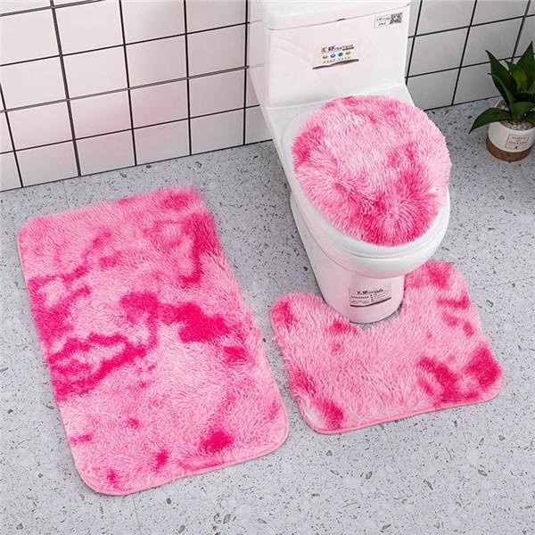 LeGoU Fashion 3-teiliges Badezimmer-Set aus Plüsch mit Badematte und WC-Deckelbezug, Pink, rutschfest und waschbar - Bild 1