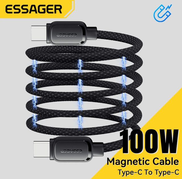 Essager Magnetisches Typ-C-zu-C-Schnellladekabel 100W 60W Anti-Wickel Design in Schwarz - Bild 1