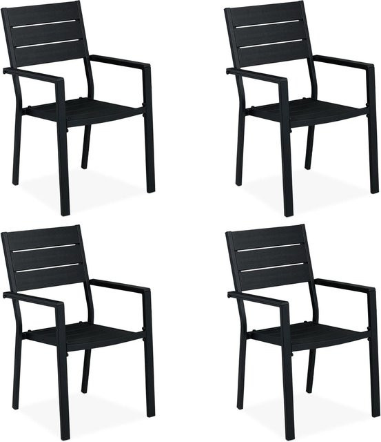 Relaxdays 4er Set Gartenstühle aus Stahl und HDPE in Schwarz mit Armlehnen, modern mit Holzmuster, B/T/H: 90 x 53,5 x 59 cm - Bild 1