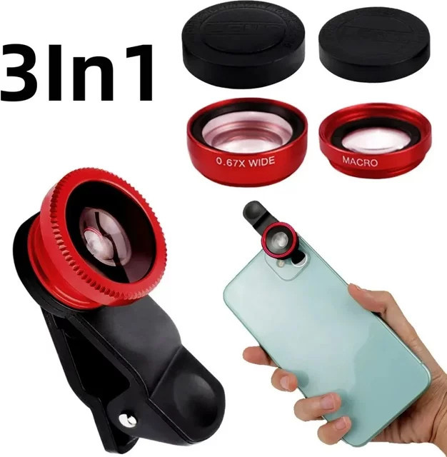 3-in-1 Kamera-Kit für dein Smartphone mit Weitwinkel-Zoom, Fisheye und Makroobjektiv in Schwarz, kompatibel mit iPhone 16, Xiaomi und Huawei - Bild 1