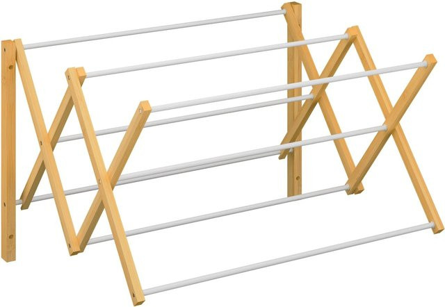 Relaxdays Wäscheständer aus Bambus und Metall, ausziehbar und klappbar, Wandmontage, Weiß, B/T/H: 45 x 71 x 59 cm - Bild 1