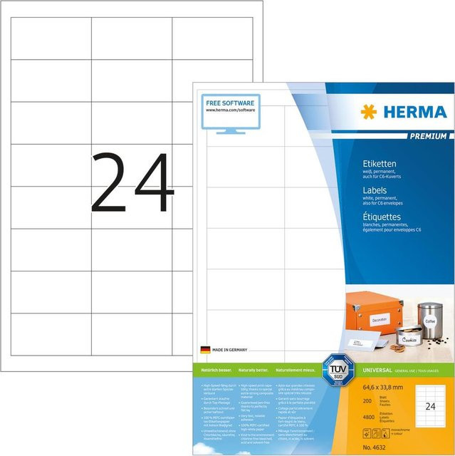 HERMA Premium Universaletiketten aus FSC-Papier, weiß, B: 64,6 mm x H: 33,8 mm, 4800 Stück (200 Blatt à 24 Etiketten) - Bild 1