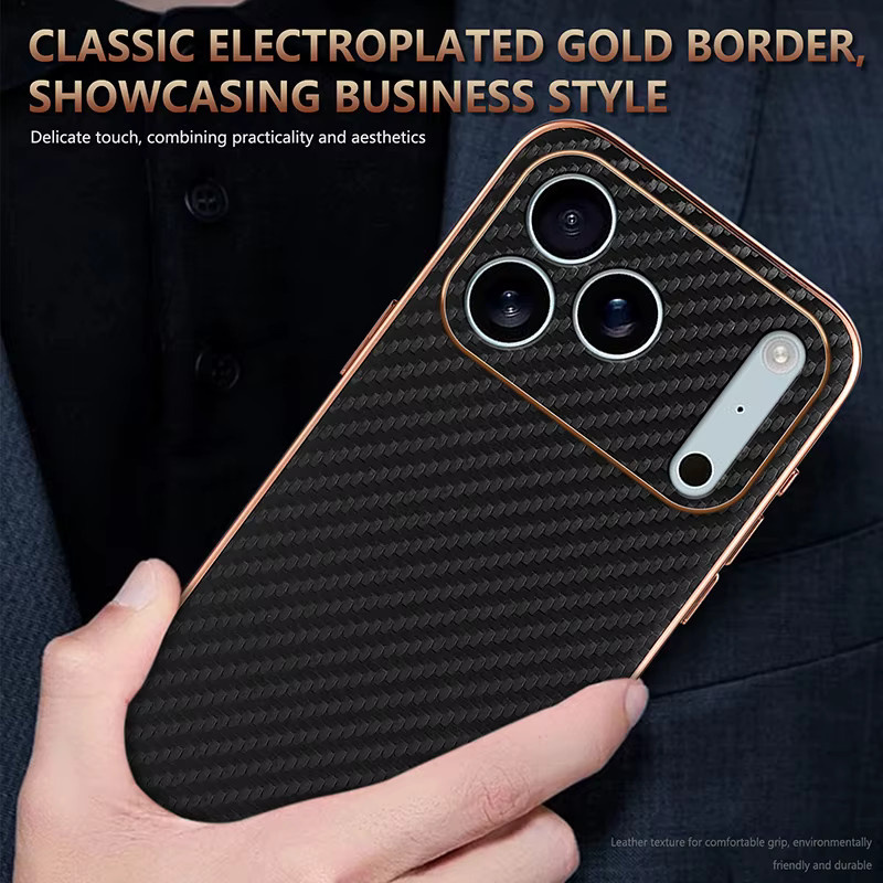 Apple iPhone 17 Pro Max und iPhone 17 Pro Schutzhülle aus PU-Leder in Schwarz mit Kohlefaser-Textur und Rundum-Kameraschutz - Bild 4
