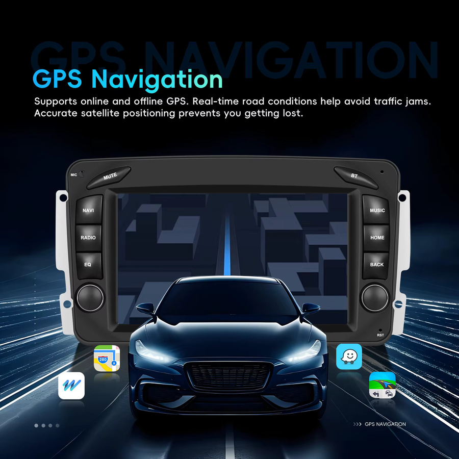 Podofo 2 DIN Autoradio mit 7 Zoll Display, GPS, WiFi, FM RDS und Mirror Link in Schwarz für Mercedes-Benz CLK (W209), E-Klasse (W210) und C-Klasse (W203) - Bild 3