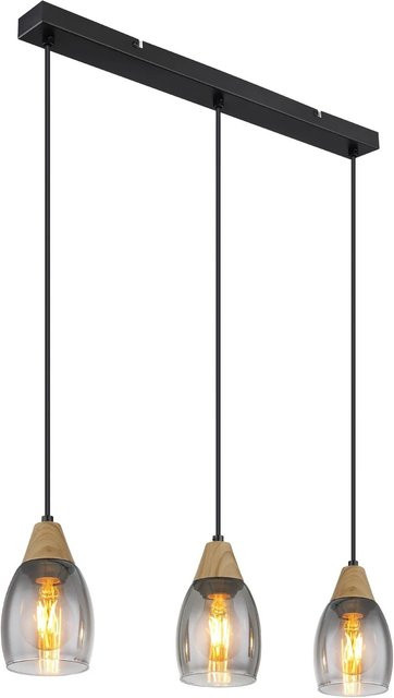 Globo Hängeleuchte Reid 3-flammig Schwarz/Holzfarben mit transparenten Glaselementen, Breite: 55 cm, Tiefe: 10 cm - Bild 1