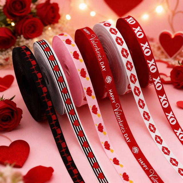 Geschenkverpackungsband Happy Valentine's Day für Dekoration und Bastelarbeiten, Farbe: Rot und Grün, Breite: 1 cm, Länge: 450 cm - Bild 1