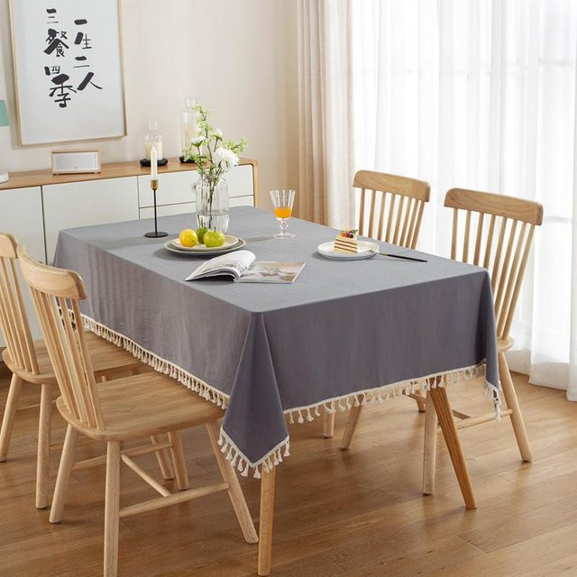 JMG Household Supplies Baumwoll Tischdecke im Bauernhaus-Stil mit Pompom-Quasten, Waschbar, B/B/B: 90 x 90 x 1 cm, Grün/Grau - Bild 1