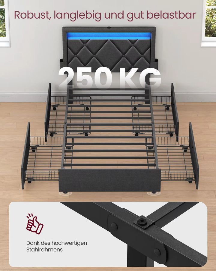 VASAGLE Polsterbett Dunkelgrau mit 4 Schubladen, LED und Ladestation, B/T: 90 x 200 cm - Bild 5