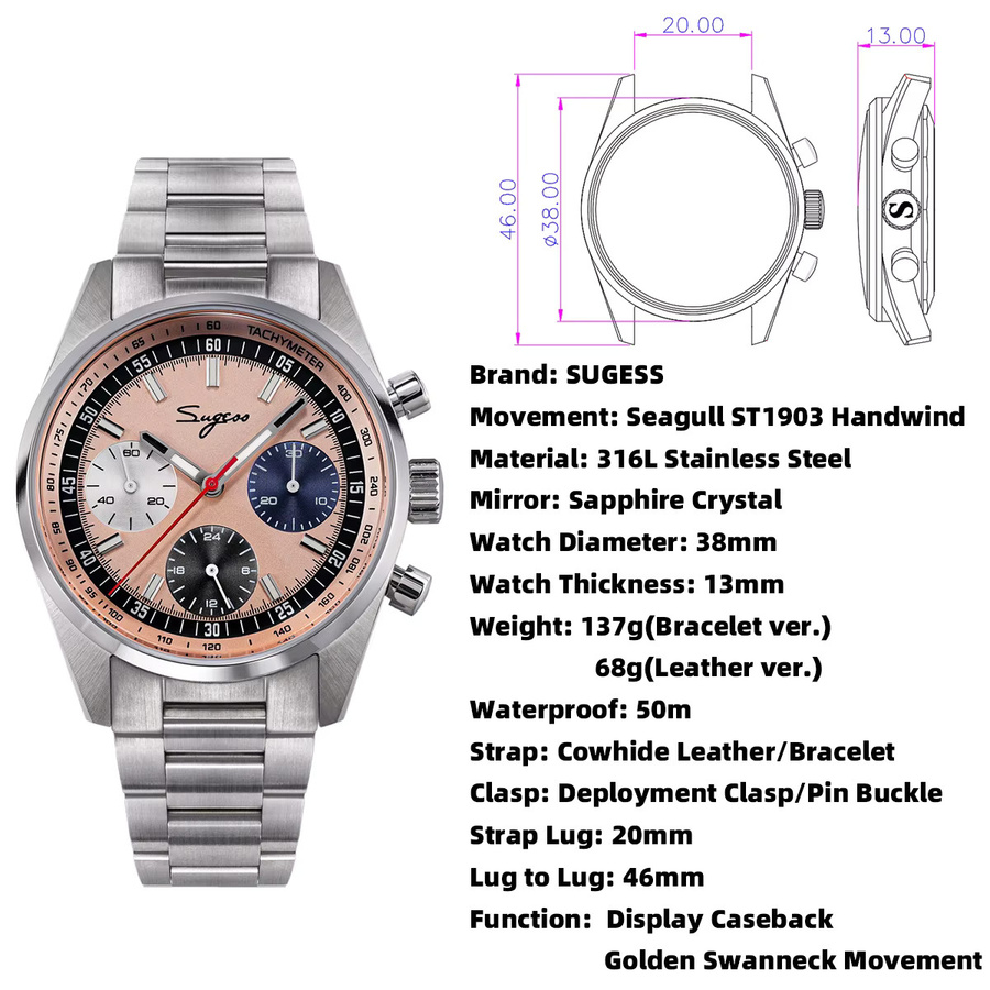 Sugess Chronograph, mechanisch, Edelstahl, 38 mm, Herren - Bild 5