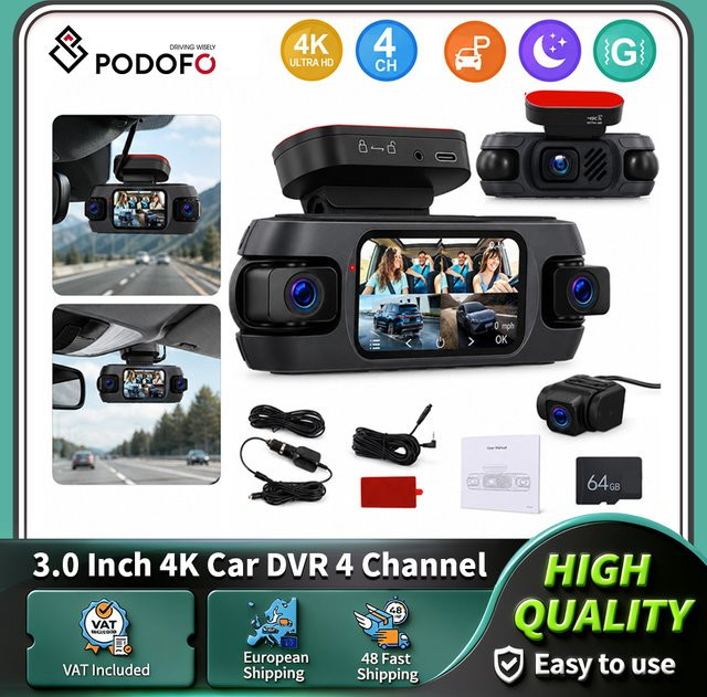 Podofo 4-Kanal Auto-Dashcam mit 1080P Full HD, 360-Grad Aufnahmen und Nachtsicht, 4-Kamera-System als Auto-Blackbox inklusive Front-, Seiten- und Rückfahrkamera, Schwarz - Bild 1