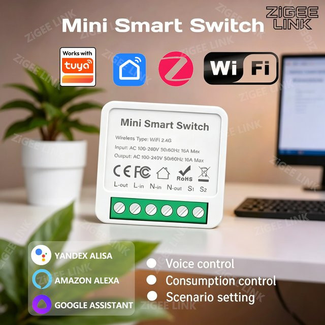 Shine-tale Mini Smart Switch WiFi oder Zigbee 3.0 Version für Hausautomation in Weiß mit 2-Wege-Steuerung, App-Fernbedienung und Zeiteinstellung, kompatibel mit Tuya, Alexa und Google Assistant - Bild 1