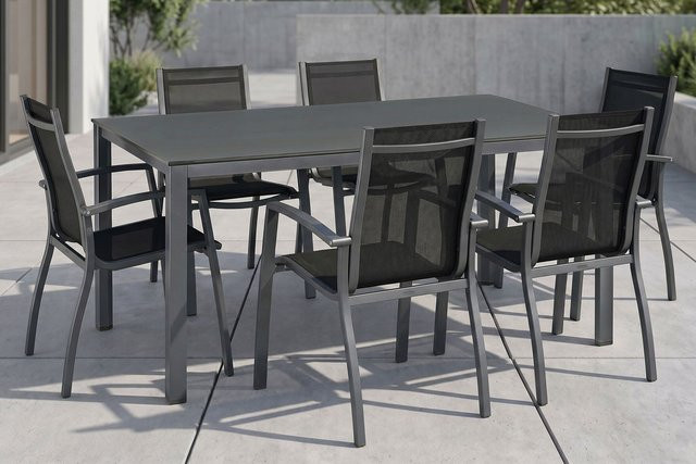 Kettler Esstischgruppe Kettalux-Plus mit 6 Stapelsesseln Altura in Anthrazit, Tisch B: 160 cm, T: 95 cm - Bild 1