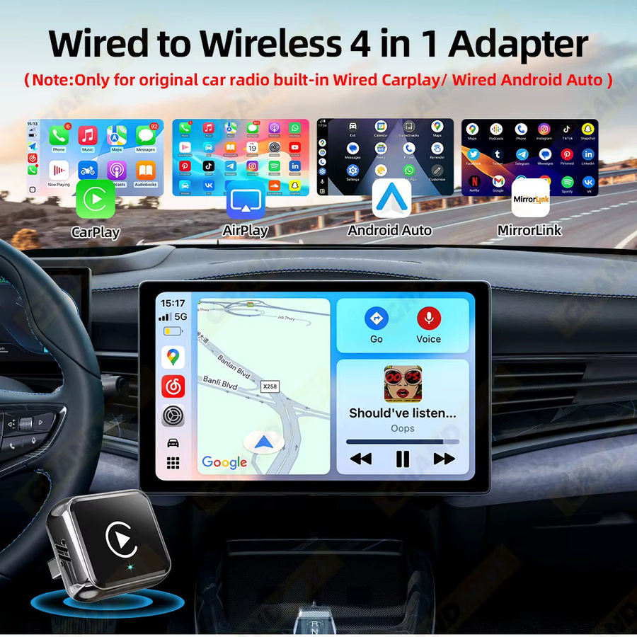 Grandnavi 4-in-1 Dongle Kabelloser CarPlay und Android Auto Adapter mit WLAN und Bluetooth in Schwarz - Bild 2