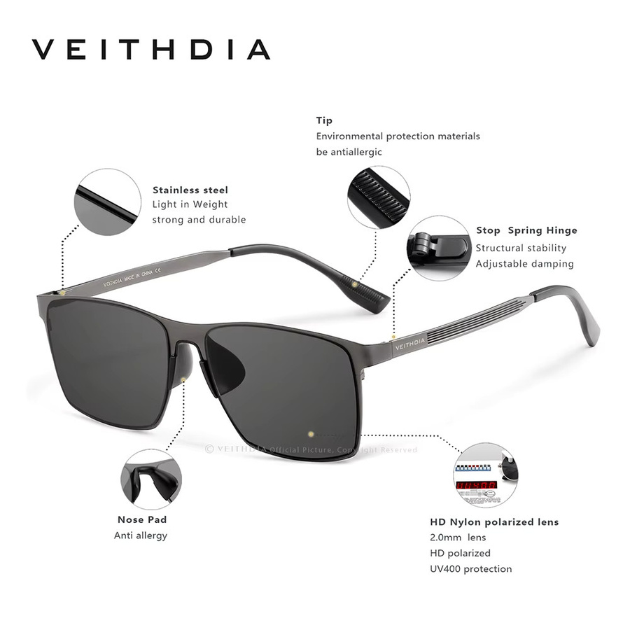 Veithdia V8226 Sonnenbrille, Herren, Vollrand, Edelstahl, polarisiert - Bild 2