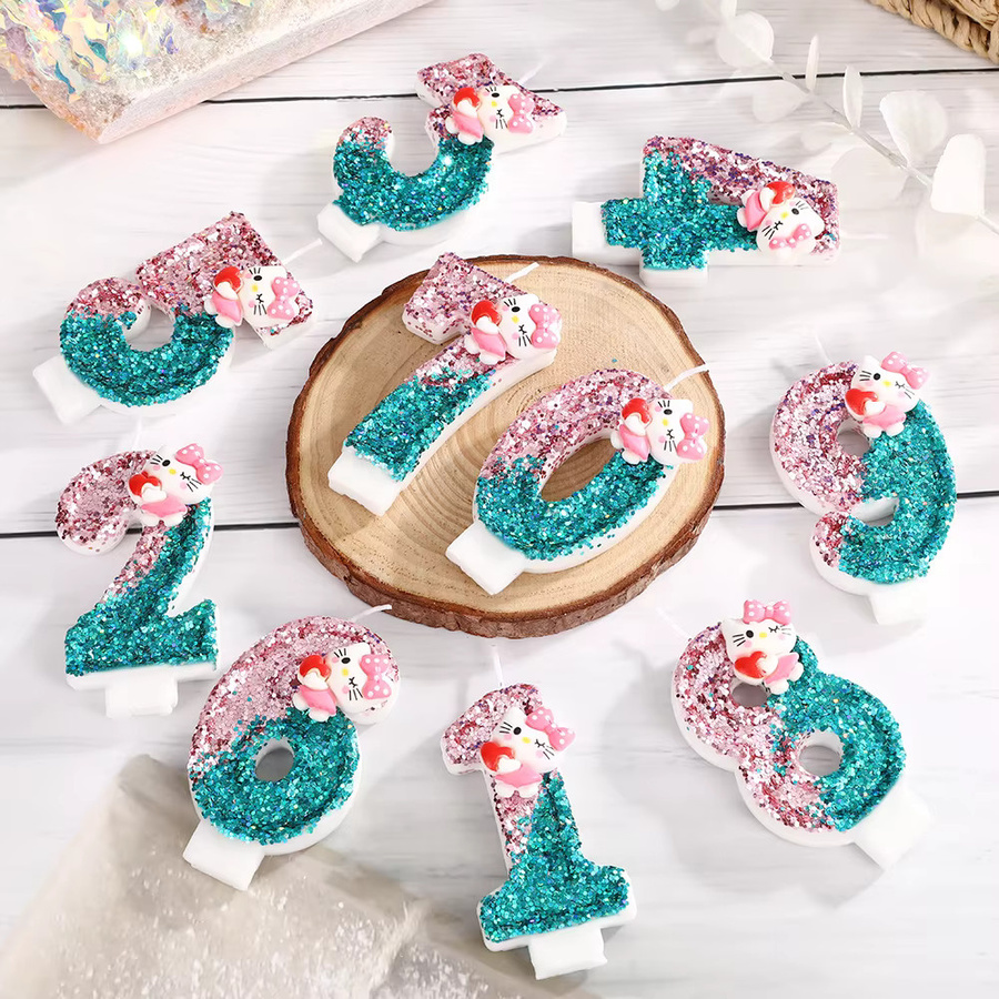 MINISO Glitzernde Geburtstagskerzen im Cartoon-Katzen-Design, Mehrfarbig - Bild 2
