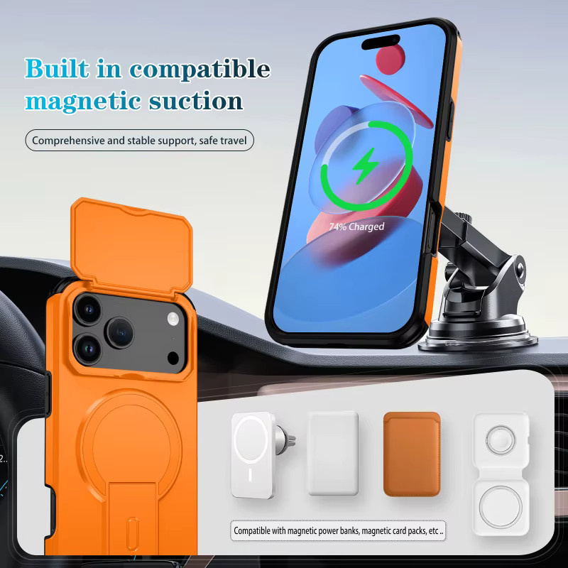 MagSafe Magnetische Panzer-Handyhülle für Apple iPhone 16 15 14 13 12 Pro Max Mini mit versteckter Autohalterung in Pink und Orange - Bild 3