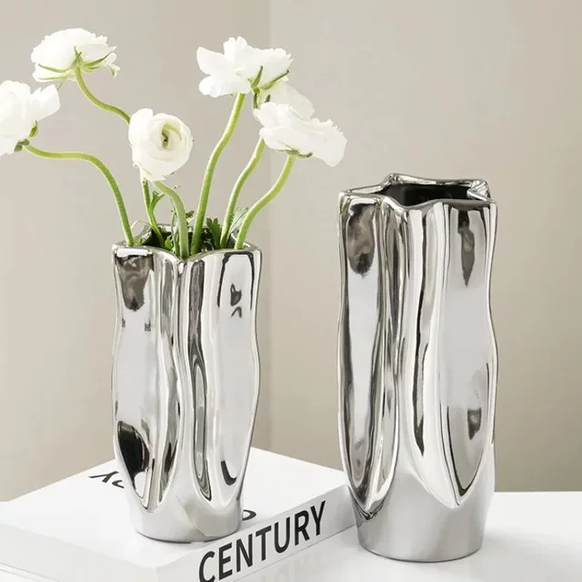 ANENG Keramikvase in Silber, moderne Porzellan-Vase mit organischem Design für Blumenarrangements und Dekoration - Bild 1