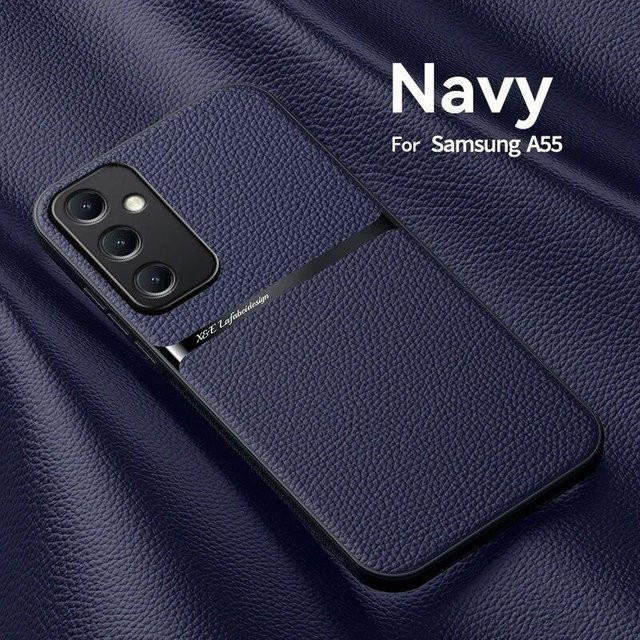Samsung Galaxy A55 5G Hülle aus Leder mit magnetischer Autohalterung und stoßfester Silikon-Rückseite in Dunkelblau - Bild 1