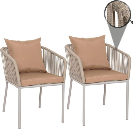 2er-Set MCW Gartenstühle N41 mit Armlehnen aus Aluminium und Seilgeflecht in Grau mit taupefarbenen Kissen