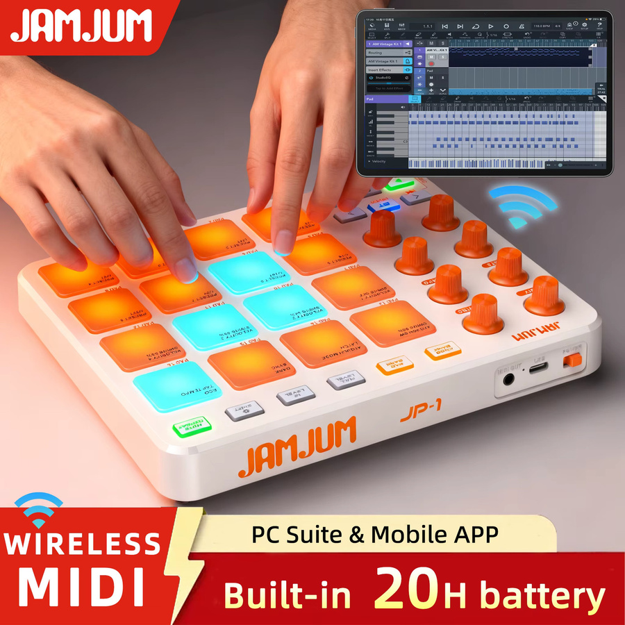 JAMJUM Kabelloser MIDI-Controller mit 16 RGB-Hintergrundbeleuchteten LEDs und USB-C-Schnittstelle in Schwarz - Bild 2