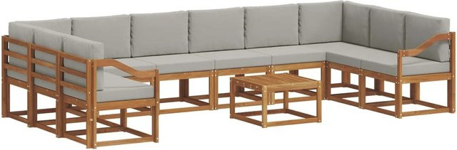 vidaXL Outdoor-Sofagarnitur aus Akazienholz in L-Form mit 11-teiligem Set, Farbe Natur und Hellgrau - Bild 1