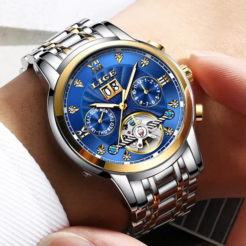 Lige Armbanduhr Automatik, Edelstahl, Blau, Herren - Bild 5