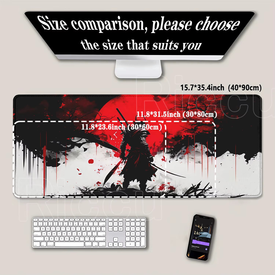 Riccu Gaming-Mauspad mit Samurai-Krieger Motiv in Multicolor, rutschfeste Schreibtischunterlage mit HD-Druck und Overlock-Rand - Bild 2