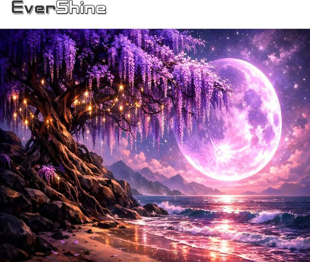 EverShine Diamantmalerei Meereslandschaft mit Kirschblüten und Mond als 5D Mosaik-Wanddekoration mit runden Steinen - Bild 1