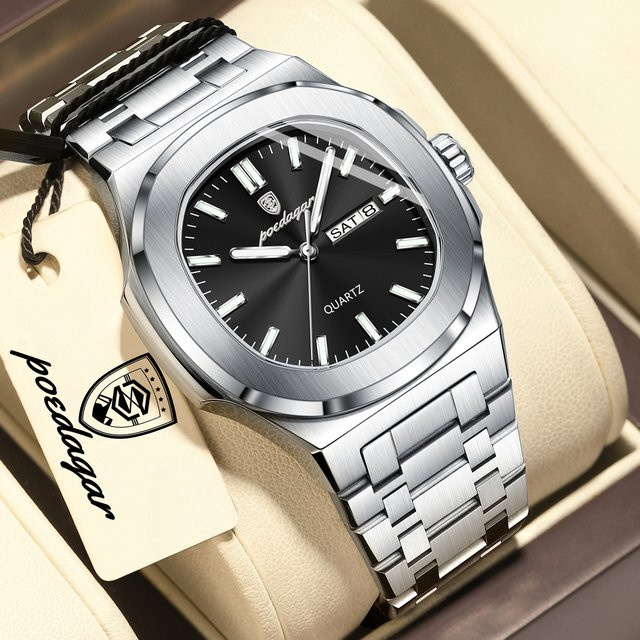 POEDAGAR Armbanduhr Edelstahl, Quarz, Schwarz, Herren - Bild 1