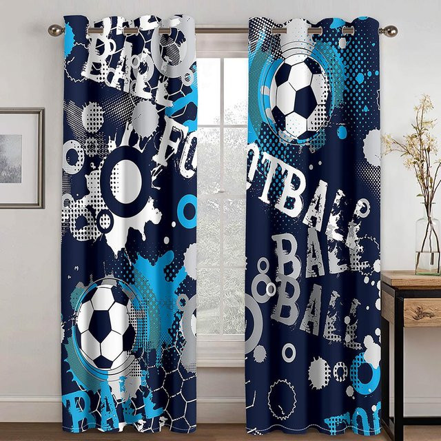 Azurblaue Vorhänge mit Fußball-Design für Wohnzimmer, Schlafzimmer und Kinderzimmer, 2er-Set, B: 60 cm, H: 50 cm - Bild 1