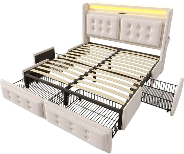 Merax Polsterbett mit 4 Schubladen, LED-Beleuchtung und USB-C Anschluss, Beige, B/T/H: 140 x 200 x 106 cm - Bild 1
