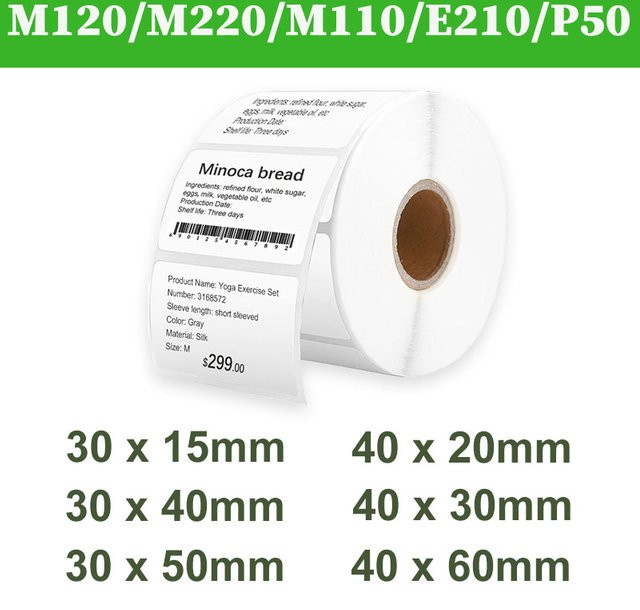 Risio Thermoetiketten-Papierrolle weiß, selbstklebende Aufkleber für Barcodes und Lebensmittelpreise, wasserfest, passend für Drucker M220 P50, Breite: 30 mm bis 40 mm - Bild 1