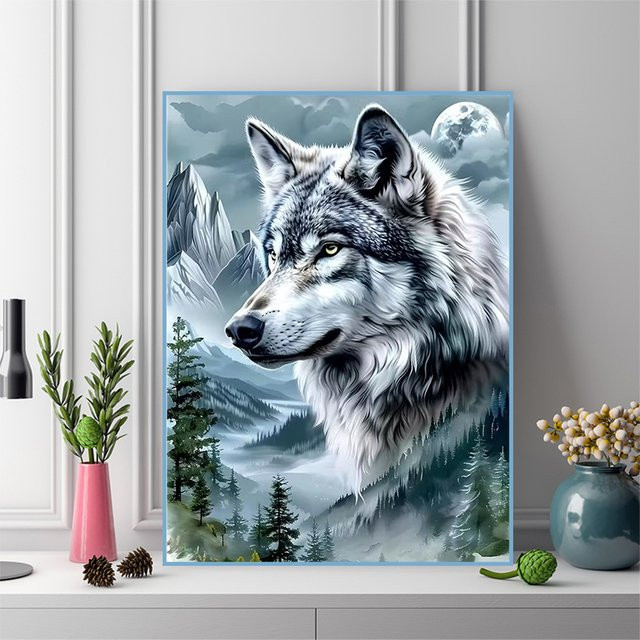 NUOYING Diamant-Stickerei Wolf DIY Bastelset mit Rund-Mosaik in Multicolour, Durchmesser: 25,0 cm - Bild 1