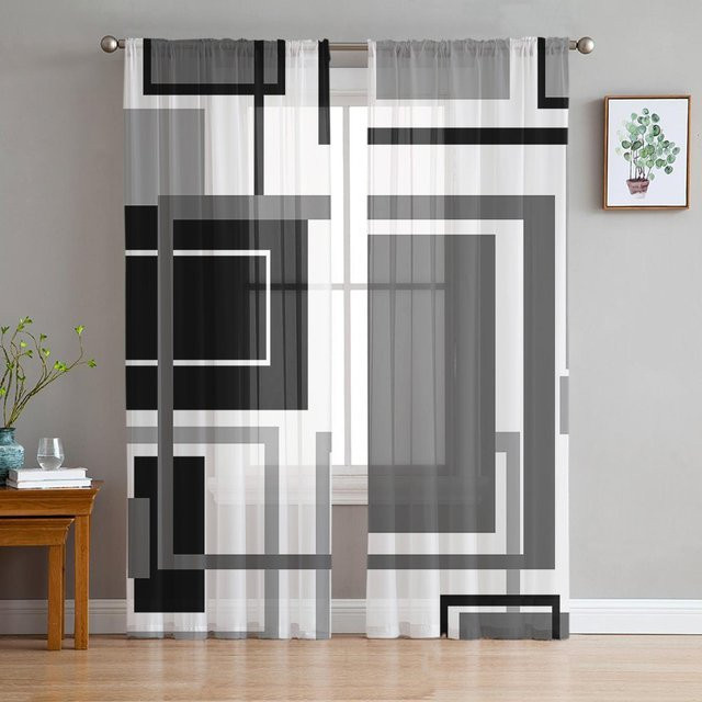 Transparente Tüll Voile Vorhänge mit abstraktem geometrischem Quadrat-Muster in Schwarz und Grau von Household supplies MH, Breite: 135 cm, Höhe: 137 cm - Bild 1