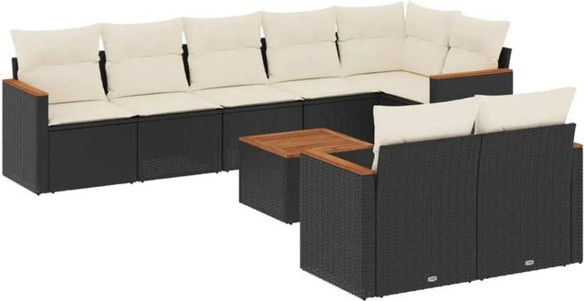 vidaXL 9-tlg. Garten-Sofagarnitur in L-Form aus Poly-Rattan und Akazienholz in Schwarz mit Kissen - Bild 1